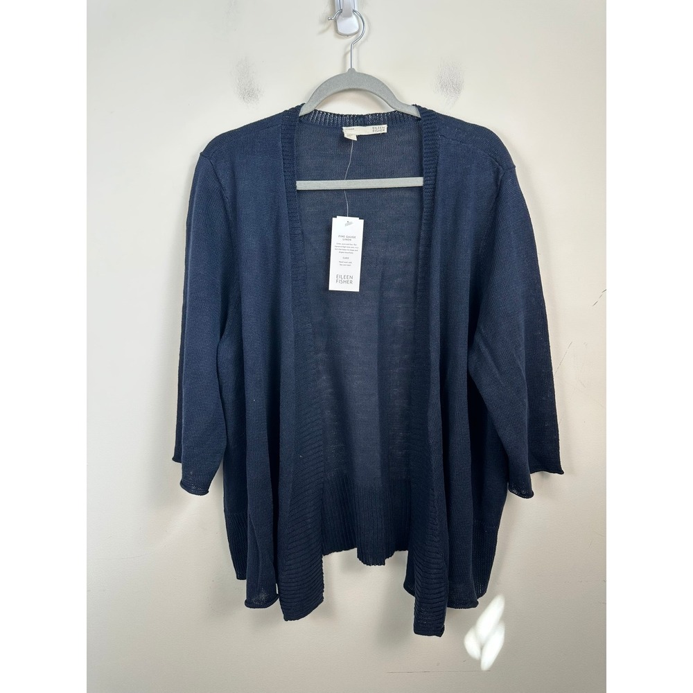 Eileen Fisher Cardigan Women 2X Navy New Linen Open Front Fine Gauge S1LG-K1627X